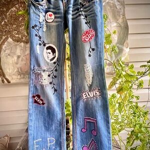 Vintage up-cycled ELVIS Jeans hand, embroidered-embellished